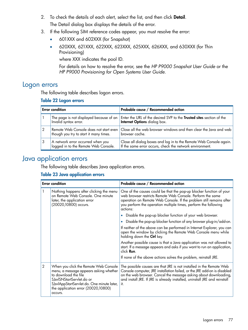 Logon errors, Java application errors, Logon errors java application errors | HP XP RAID Manager Software User Manual | Page 77 / 182