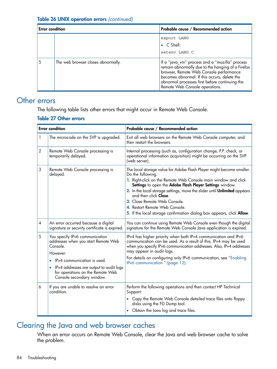 Other errors, Clearing the java and web browser caches | HP XP RAID Manager Software User Manual | Page 84 / 182