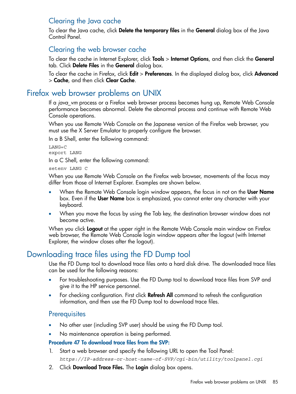Firefox web browser problems on unix, Downloading trace files using the fd dump tool, Clearing the java cache | Clearing the web browser cache, Prerequisites | HP XP RAID Manager Software User Manual | Page 85 / 182