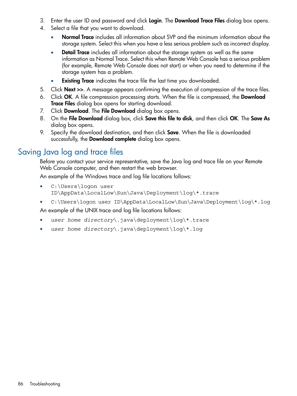 Saving java log and trace files | HP XP RAID Manager Software User Manual | Page 86 / 182