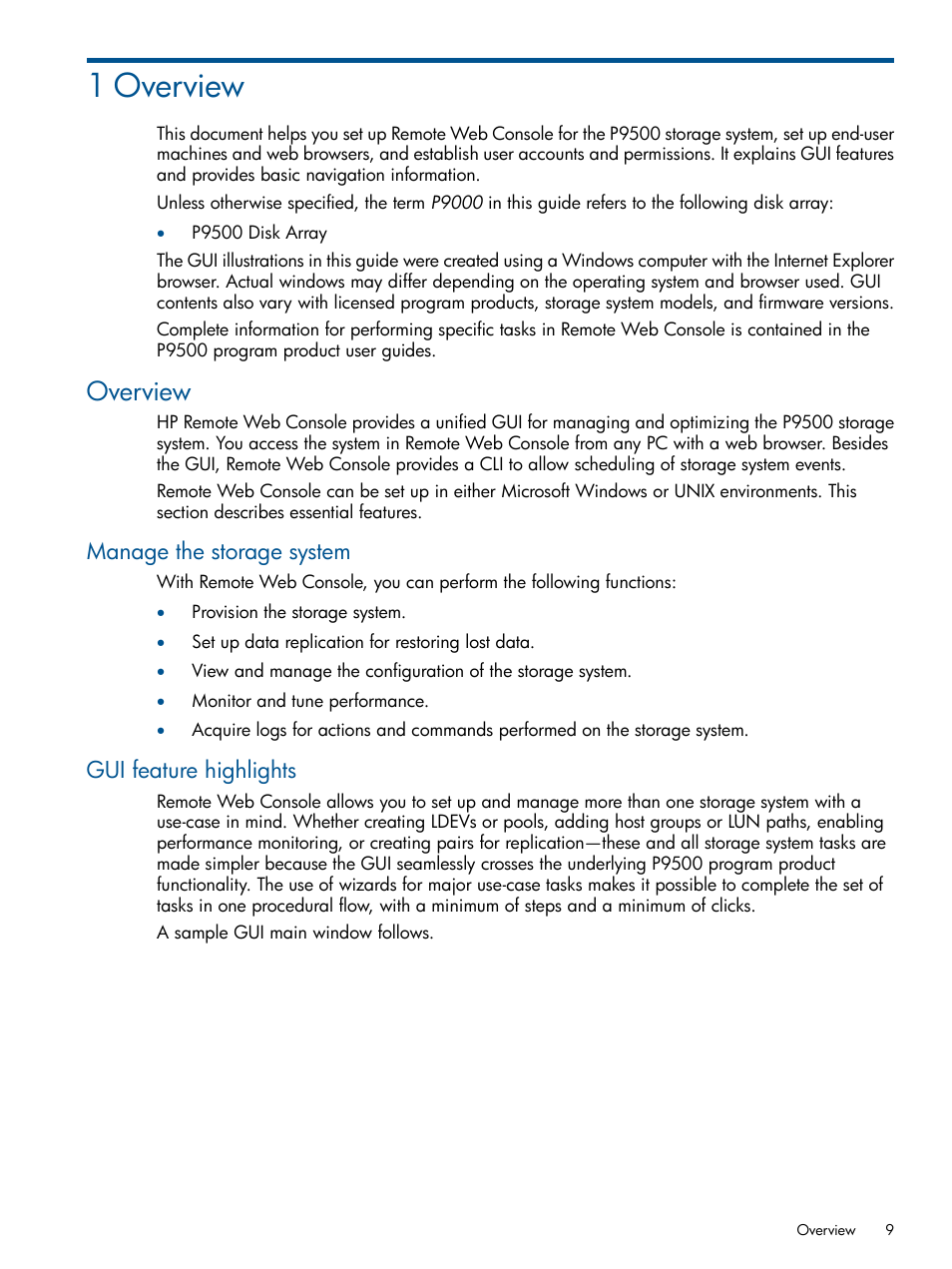 1 overview, Overview, Manage the storage system | Gui feature highlights, Manage the storage system gui feature highlights | HP XP RAID Manager Software User Manual | Page 9 / 182