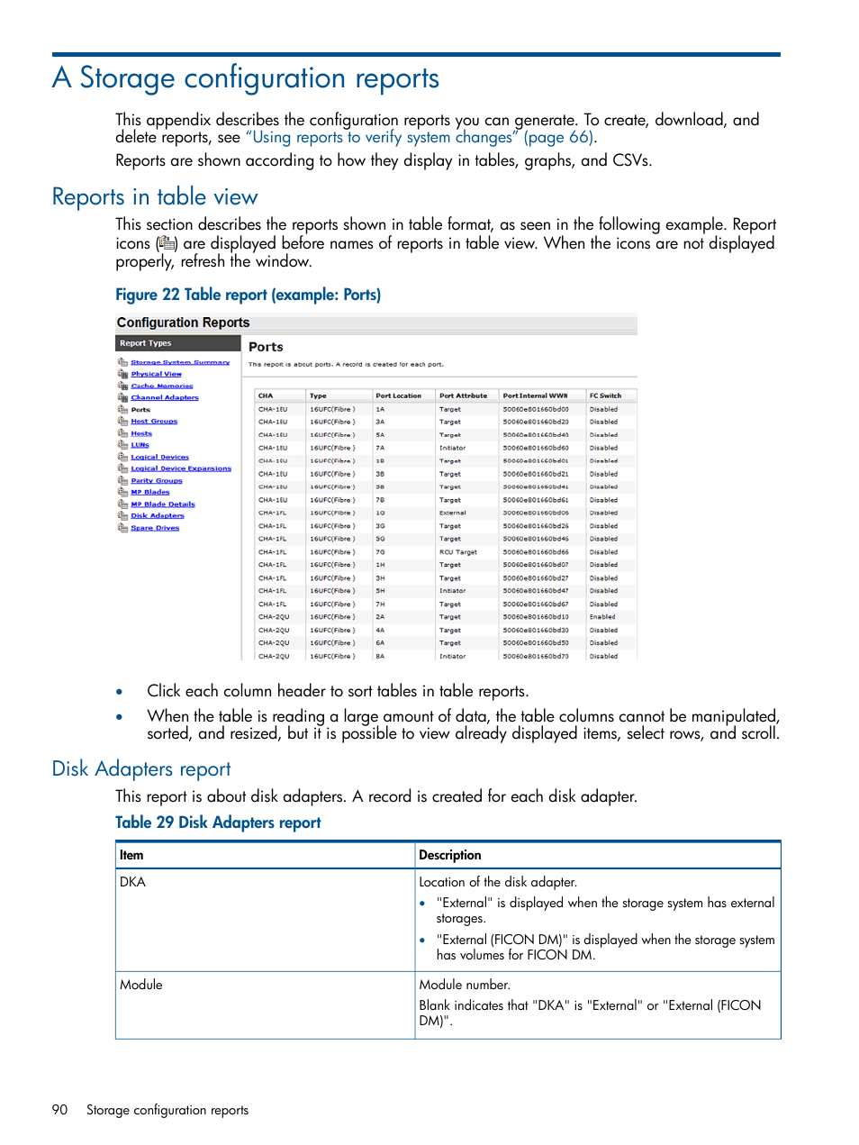 A storage configuration reports, Reports in table view, Disk adapters report | HP XP RAID Manager Software User Manual | Page 90 / 182