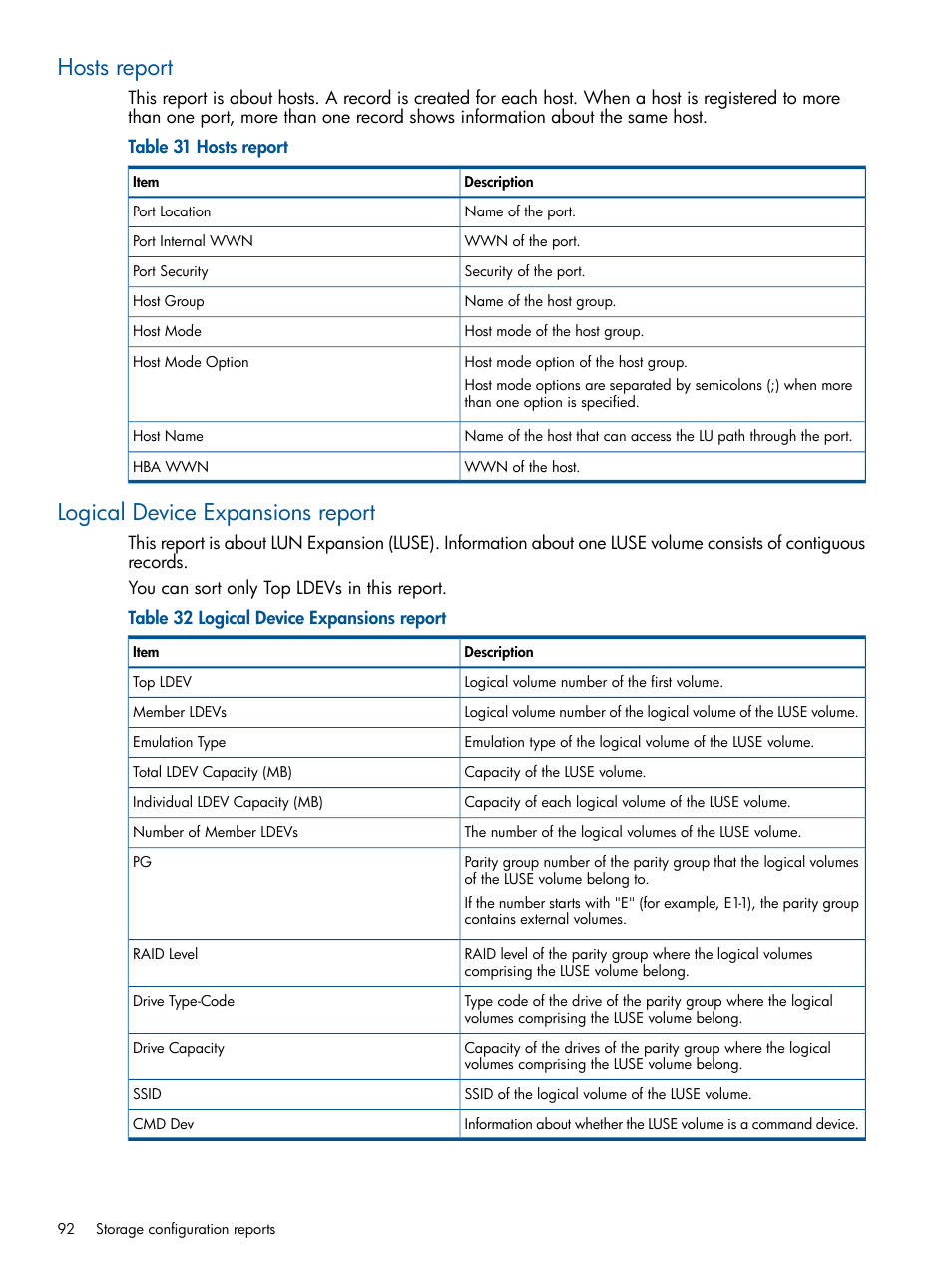 Hosts report, Logical device expansions report, Hosts report logical device expansions report | HP XP RAID Manager Software User Manual | Page 92 / 182