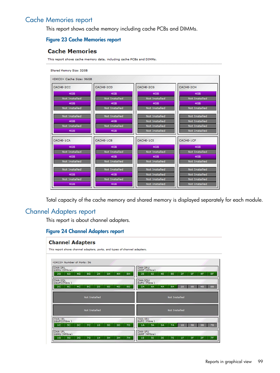 Cache memories report, Channel adapters report, Cache memories report channel adapters report | HP XP RAID Manager Software User Manual | Page 99 / 182