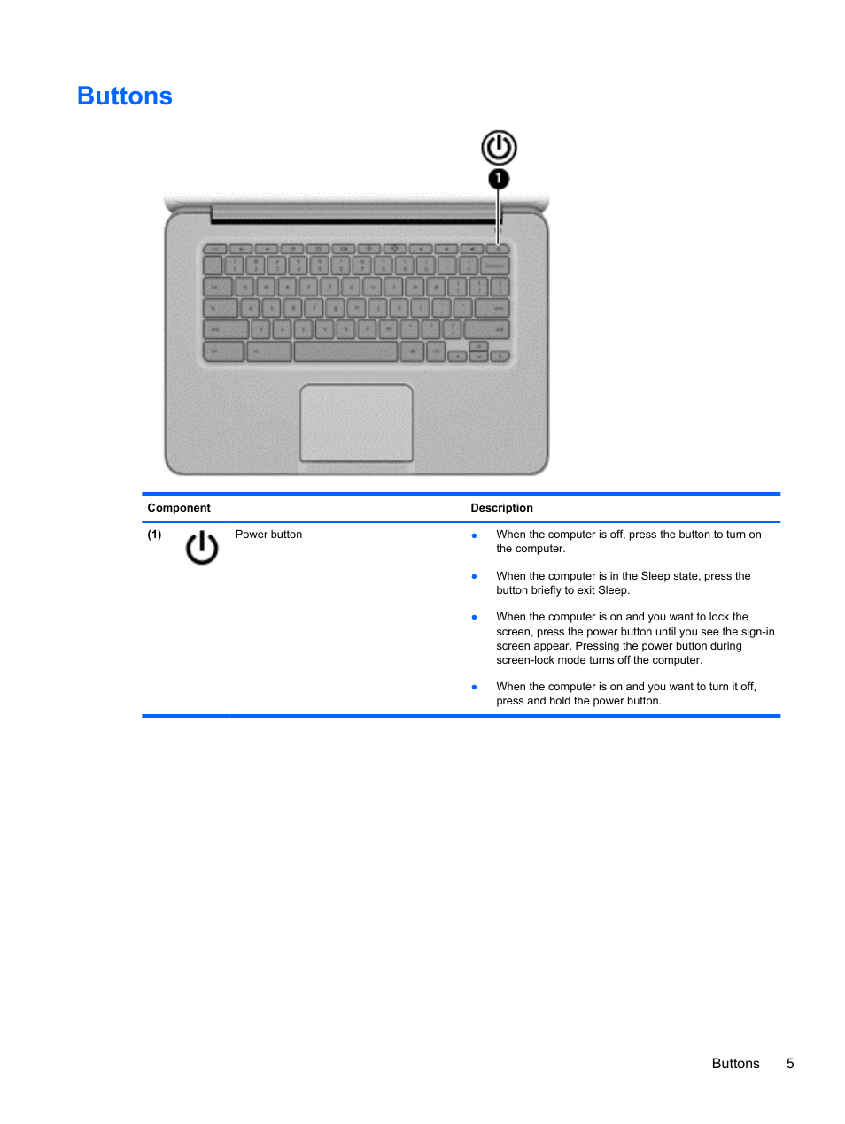 Buttons | HP Chromebook 14-q063cl User Manual | Page 11 / 21