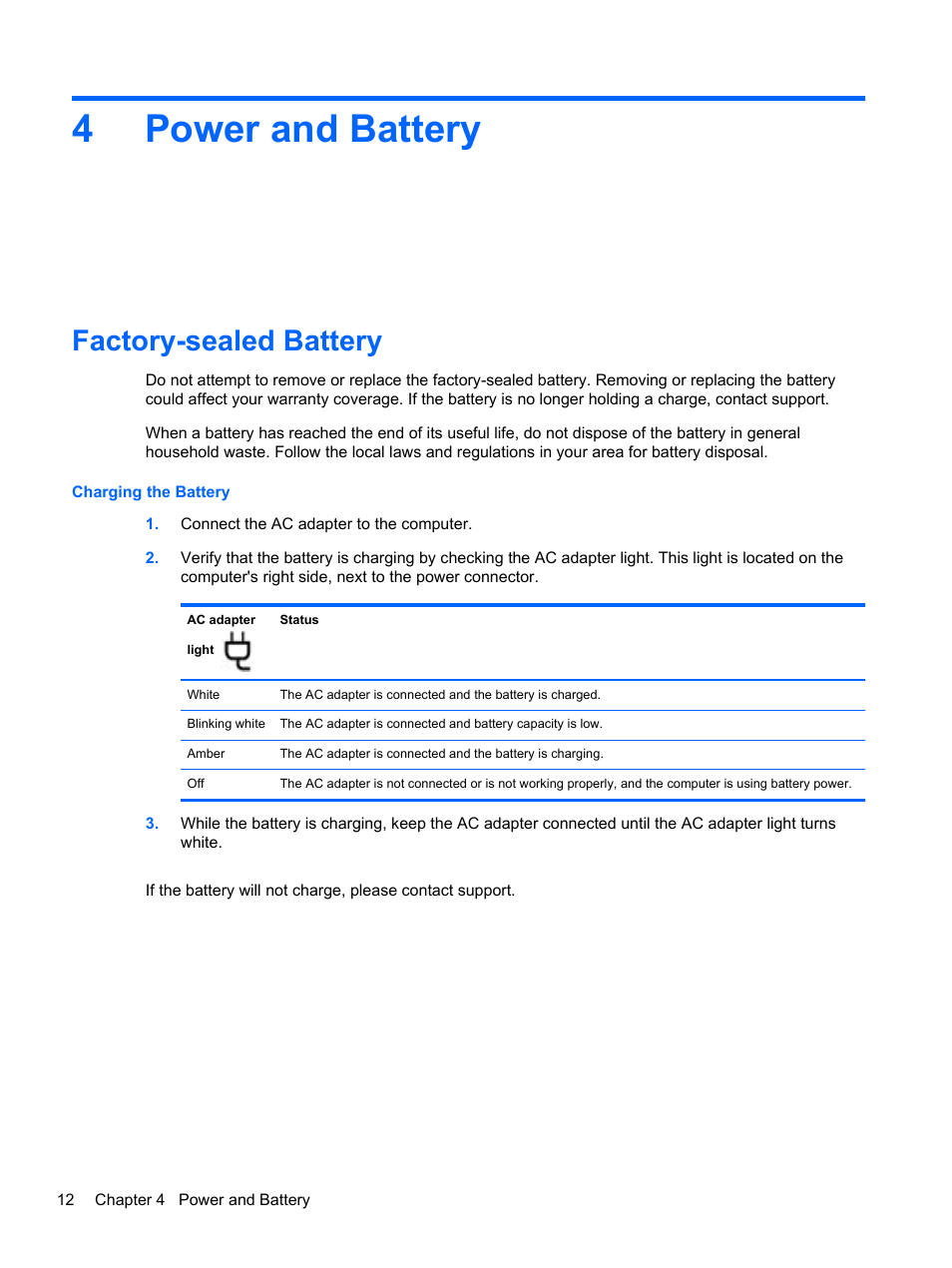 Power and battery, Factory-sealed battery, 4 power and battery | 4power and battery | HP Chromebook 14-q063cl User Manual | Page 18 / 21
