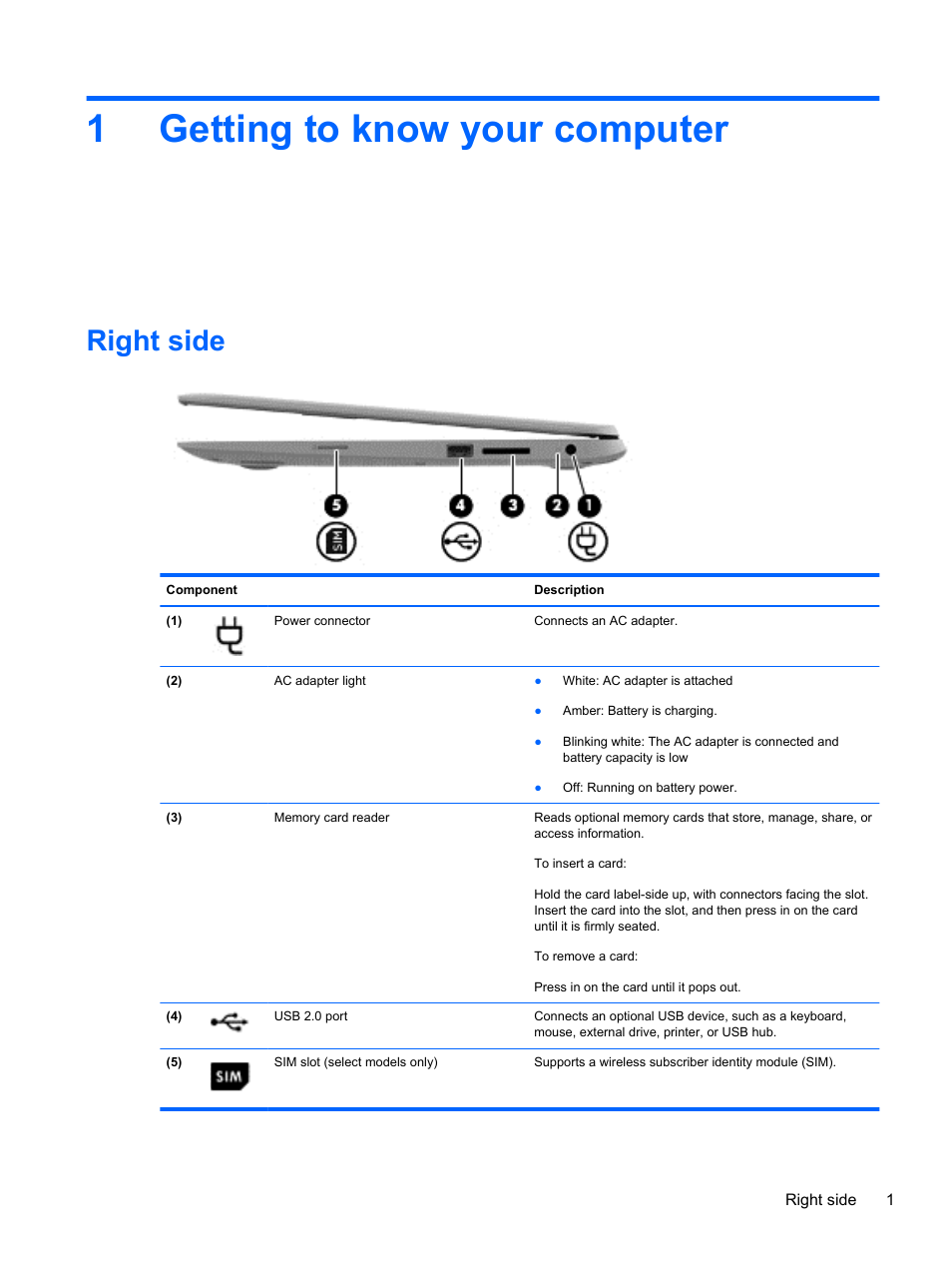 Getting to know your computer, Right side, 1 getting to know your computer | 1getting to know your computer | HP Chromebook 14-q063cl User Manual | Page 7 / 21