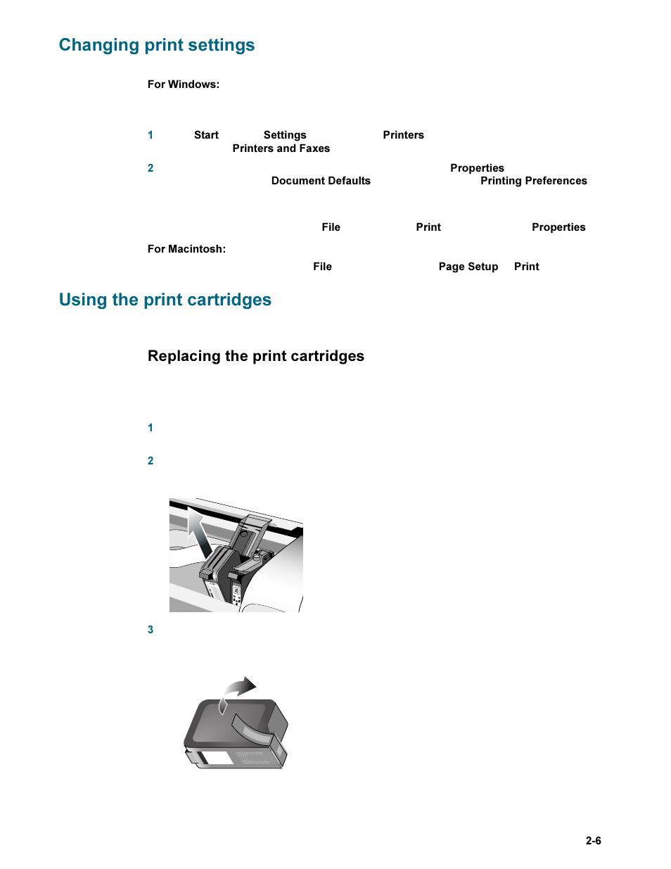 Changing print settings, Using the print cartridges, Replacing the print cartridges | Replacing the print cartridges -6 | HP Deskjet 9300 Printer series User Manual | Page 11 / 50