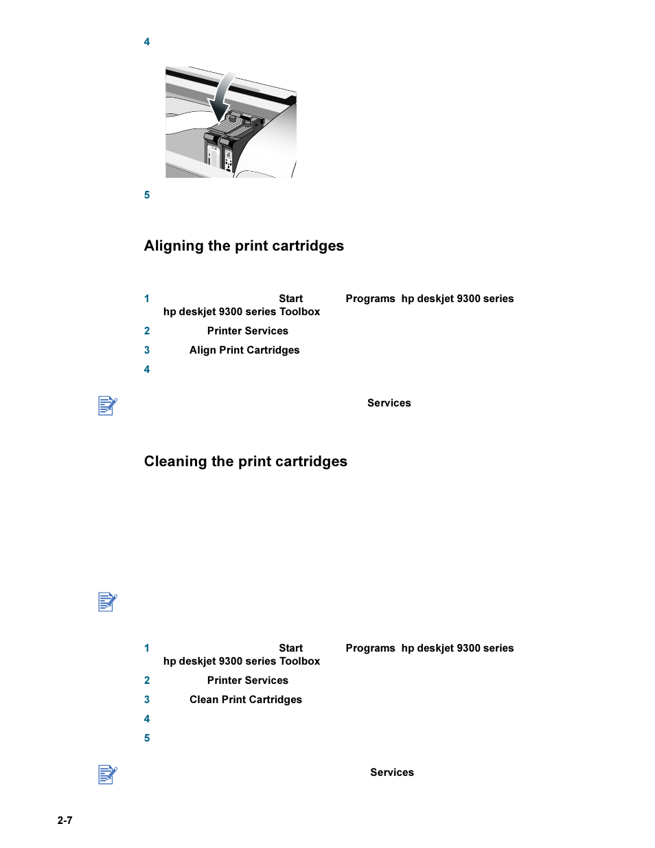 Aligning the print cartridges, Cleaning the print cartridges | HP Deskjet 9300 Printer series User Manual | Page 12 / 50