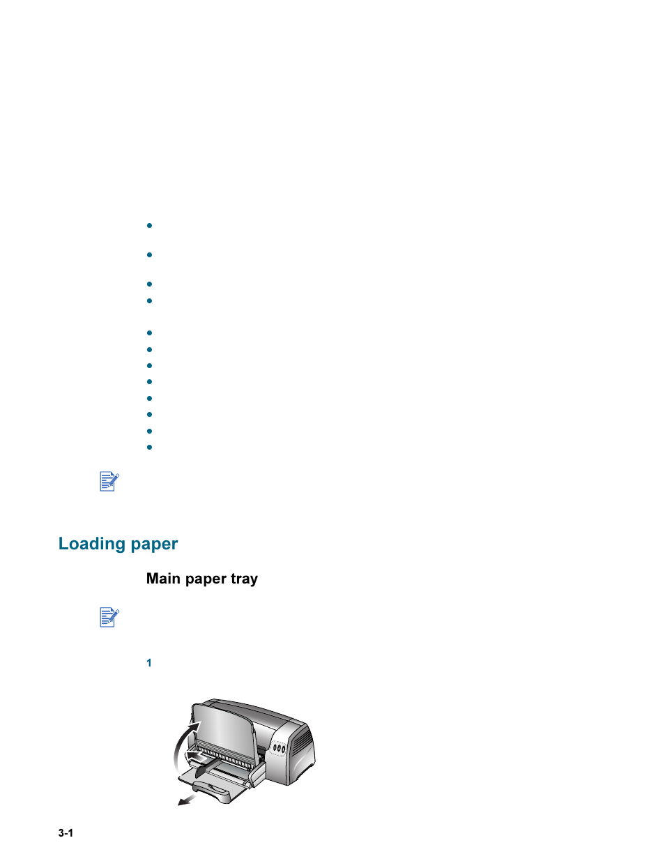 Printing and loading media, Loading paper, Main paper tray | Loading paper -1, Main paper tray -1 | HP Deskjet 9300 Printer series User Manual | Page 14 / 50