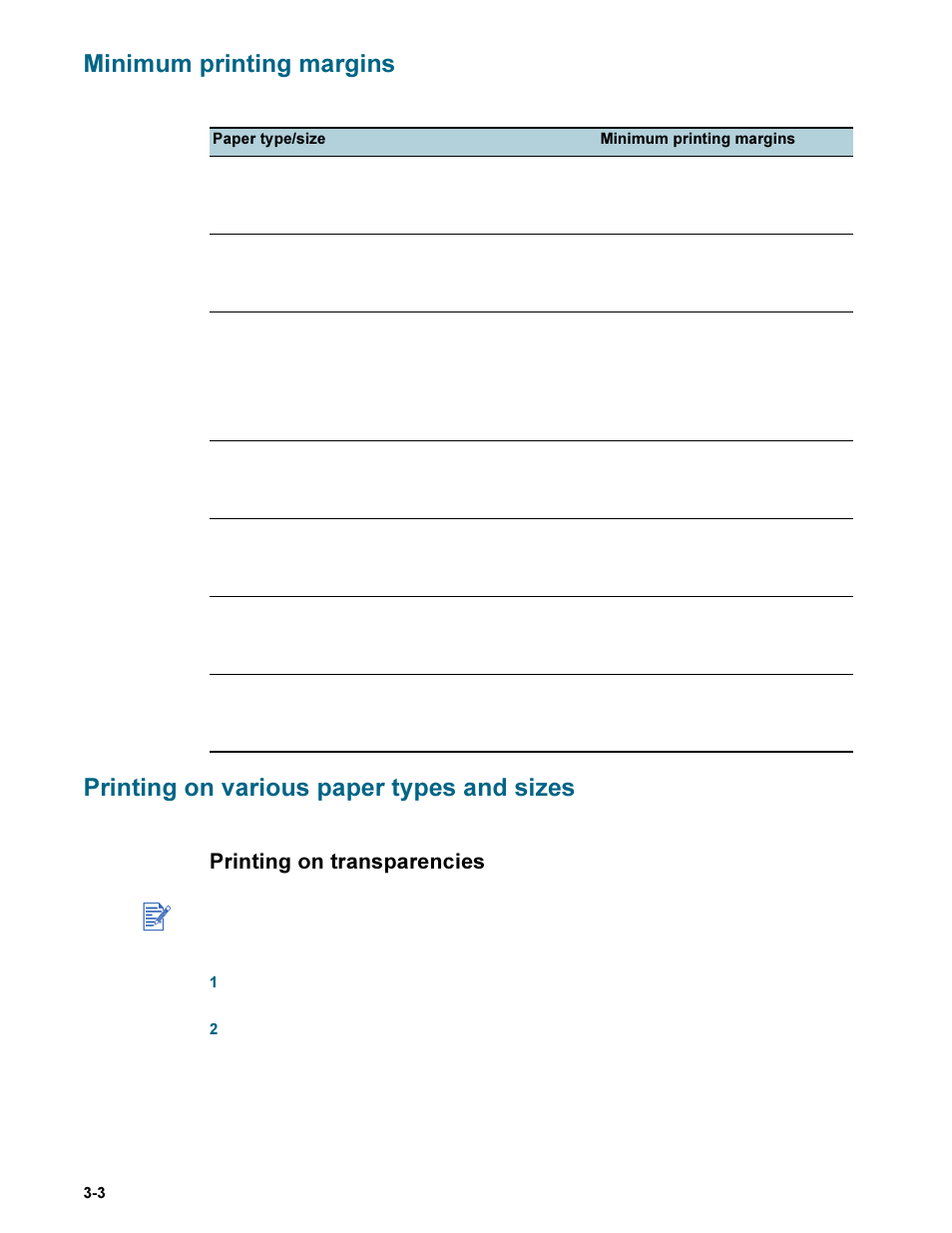 Minimum printing margins, Printing on various paper types and sizes, Printing on transparencies | Printing on transparencies -3 | HP Deskjet 9300 Printer series User Manual | Page 16 / 50