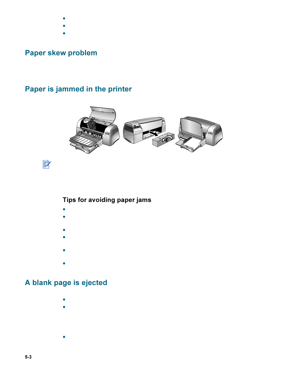 Paper skew problem, Paper is jammed in the printer, Tips for avoiding paper jams | Tips for avoiding paper jams -3, A blank page is ejected | HP Deskjet 9300 Printer series User Manual | Page 30 / 50