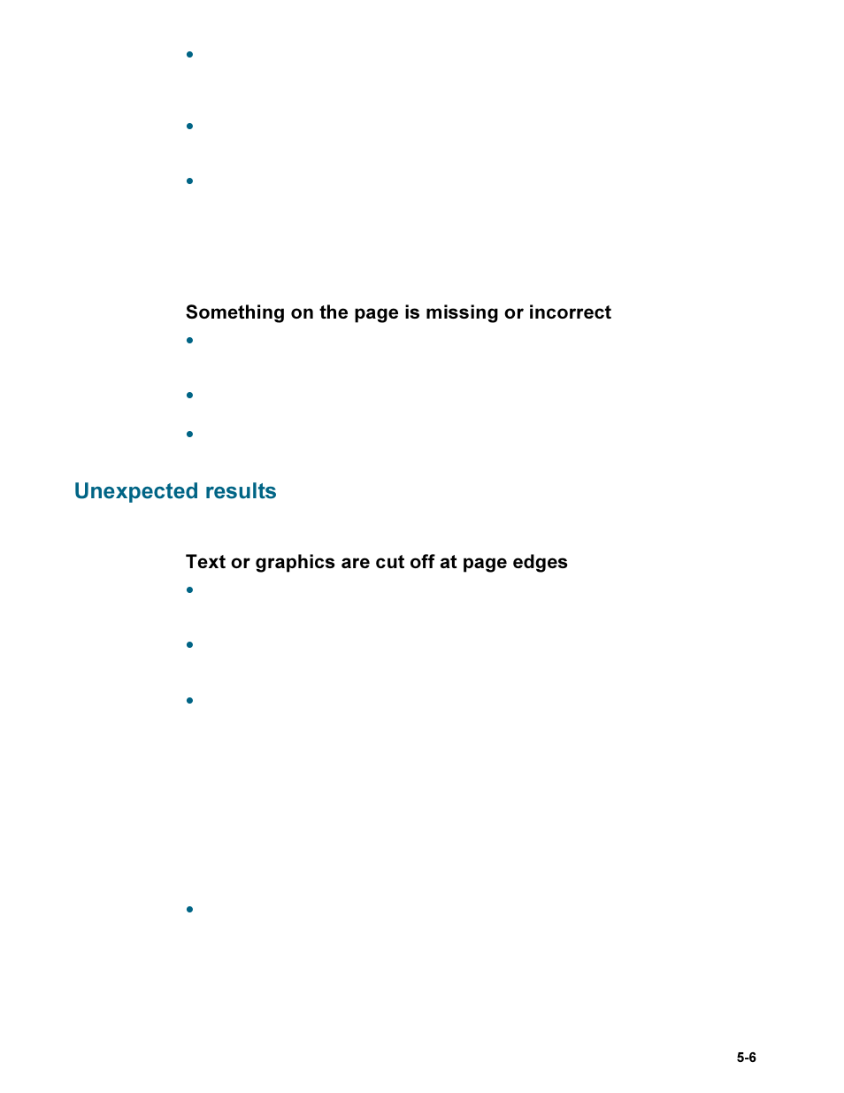 Unexpected results, Unexpected results -6, Something on the page is missing or incorrect | Text or graphics are cut off at page edges | HP Deskjet 9300 Printer series User Manual | Page 33 / 50