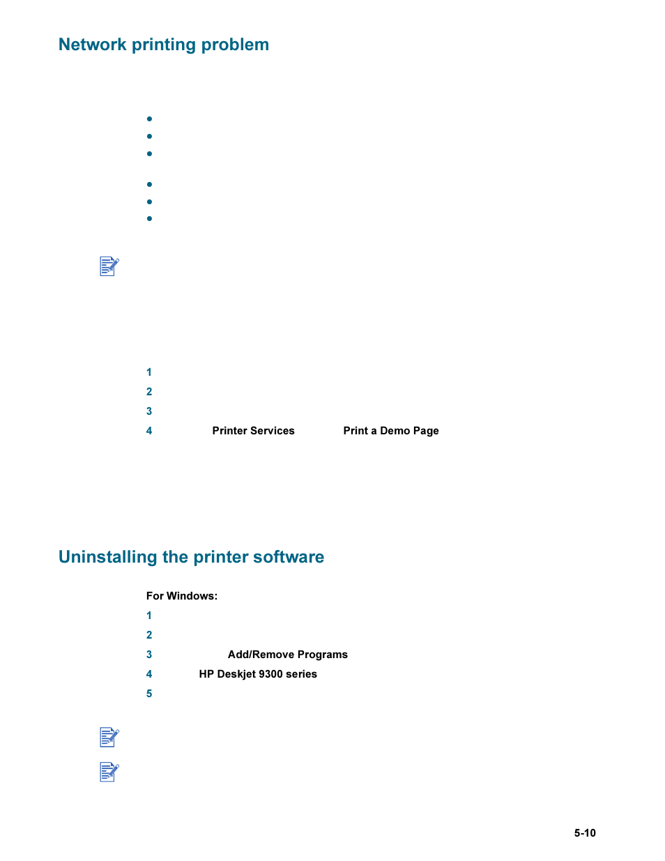 Network printing problem, Uninstalling the printer software | HP Deskjet 9300 Printer series User Manual | Page 37 / 50