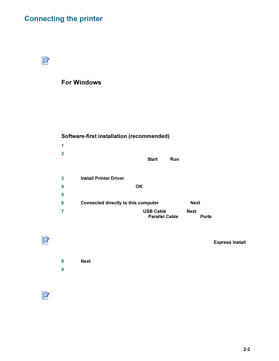 Connecting the printer, For windows, Connecting the printer -2 | For windows -2 | HP Deskjet 9300 Printer series User Manual | Page 7 / 50