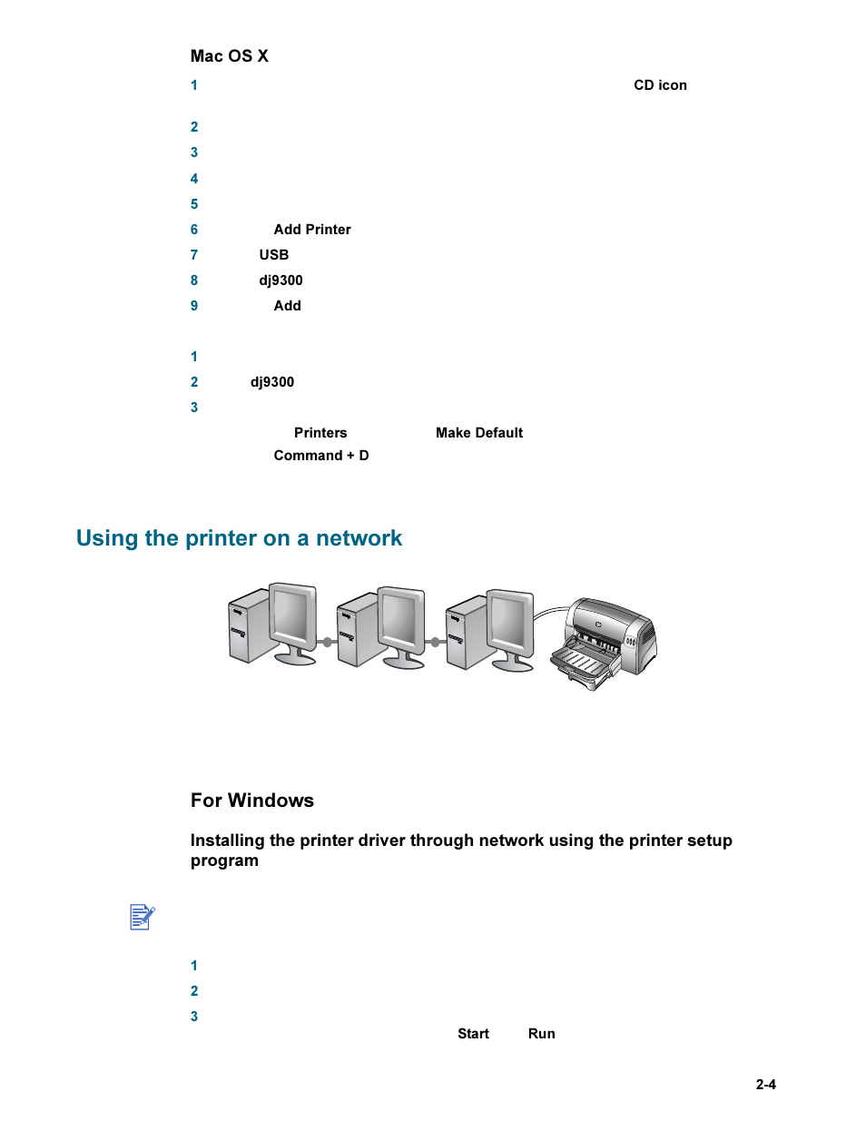 Using the printer on a network, For windows, Using the printer on a network -4 | For windows -4 | HP Deskjet 9300 Printer series User Manual | Page 9 / 50