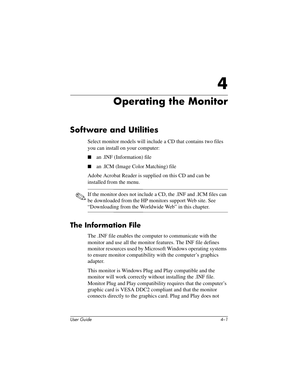 Operating the monitor, Software and utilities, The information file | HP mx705 17 inch CRT Monitor User Manual | Page 19 / 44