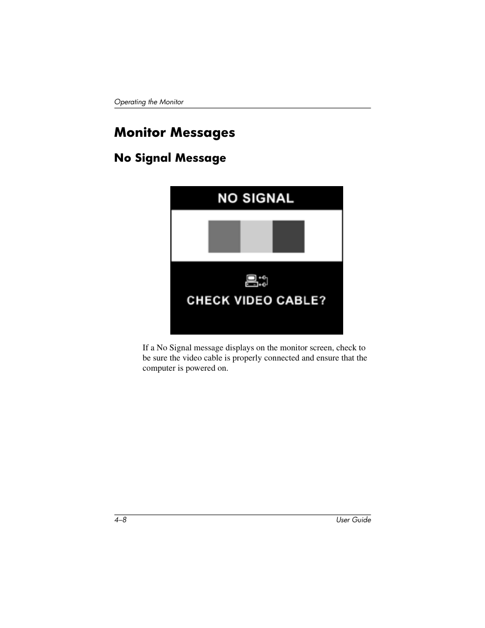 Monitor messages, No signal message | HP mx705 17 inch CRT Monitor User Manual | Page 26 / 44