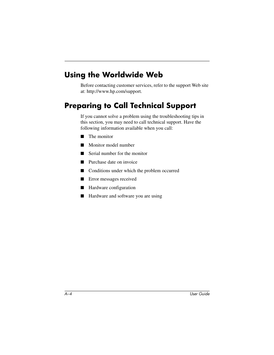 Using the worldwide web, Preparing to call technical support | HP mx705 17 inch CRT Monitor User Manual | Page 32 / 44