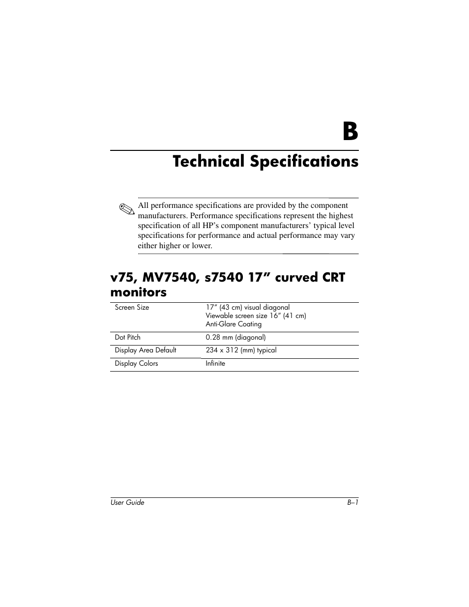 Technical specifications, V75, mv7540, s7540 17” curved crt monitors | HP mx705 17 inch CRT Monitor User Manual | Page 33 / 44