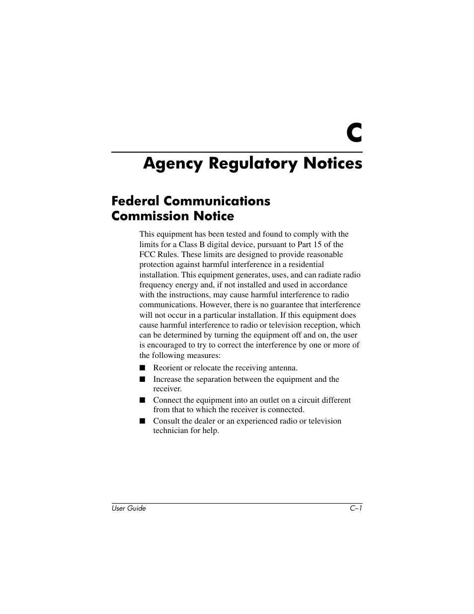 Agency regulatory notices, Federal communications commission notice | HP mx705 17 inch CRT Monitor User Manual | Page 40 / 44