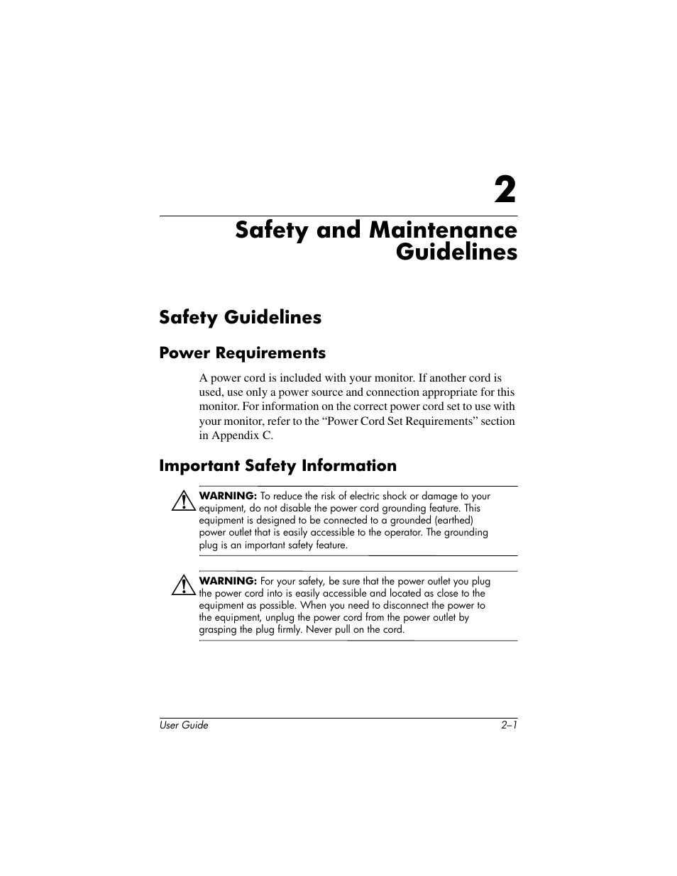 Safety and maintenance guidelines, Safety guidelines, Power requirements | Important safety information | HP mx705 17 inch CRT Monitor User Manual | Page 7 / 44