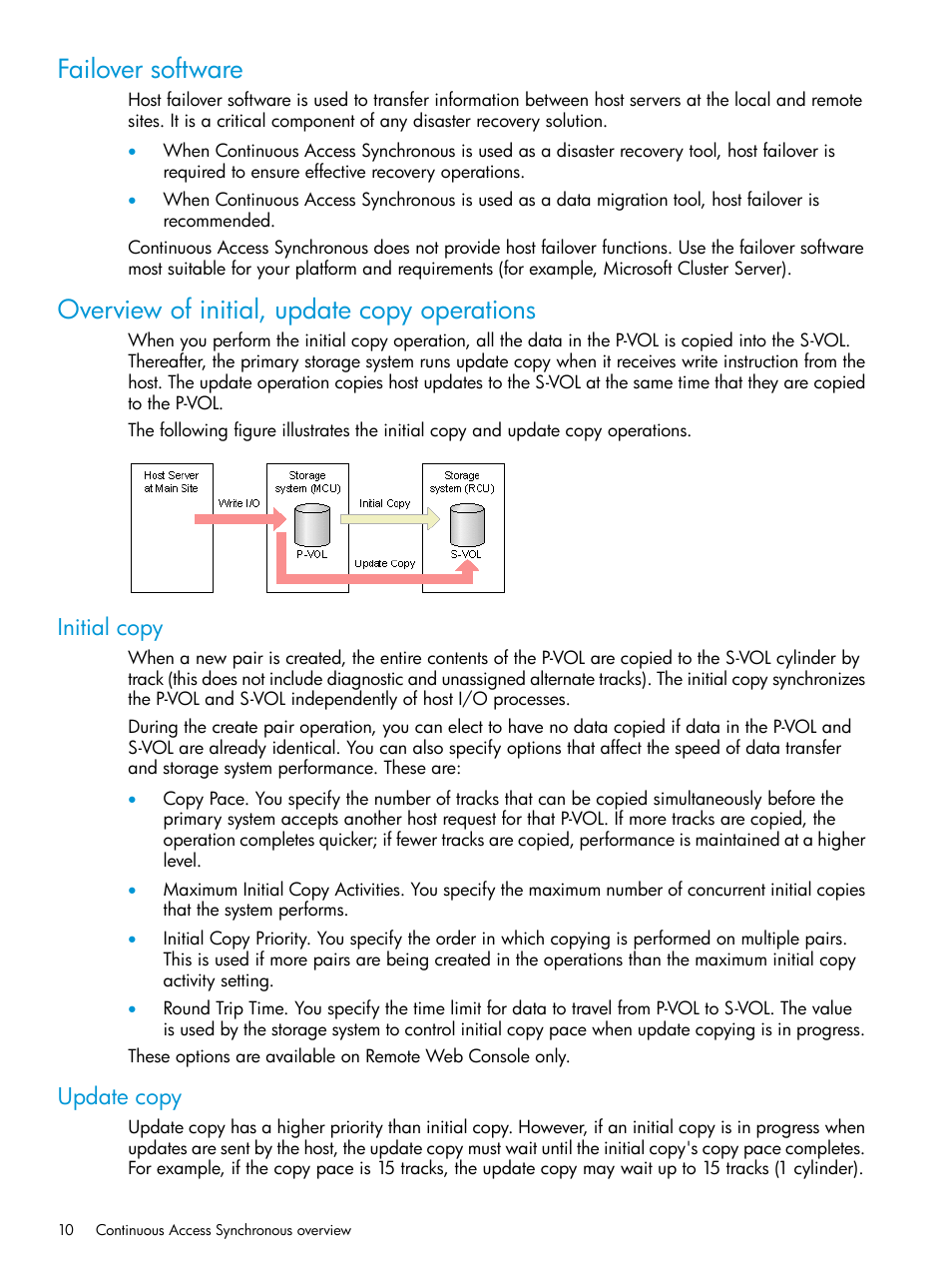 Failover software, Overview of initial, update copy operations, Initial copy | Update copy, Initial copy update copy | HP XP Racks User Manual | Page 10 / 154