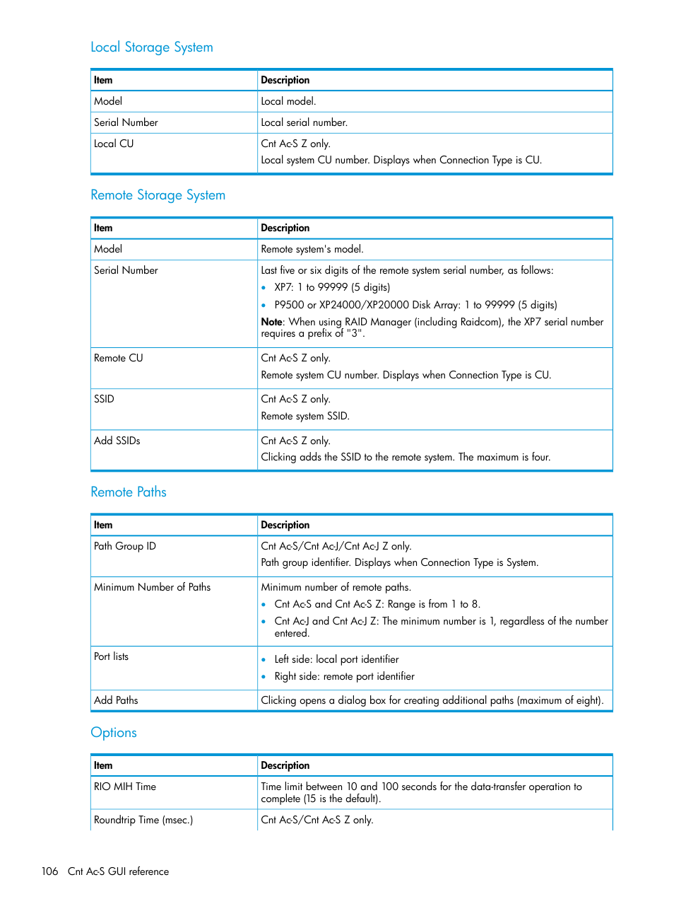 Local storage system, Remote storage system, Remote paths | Options | HP XP Racks User Manual | Page 106 / 154