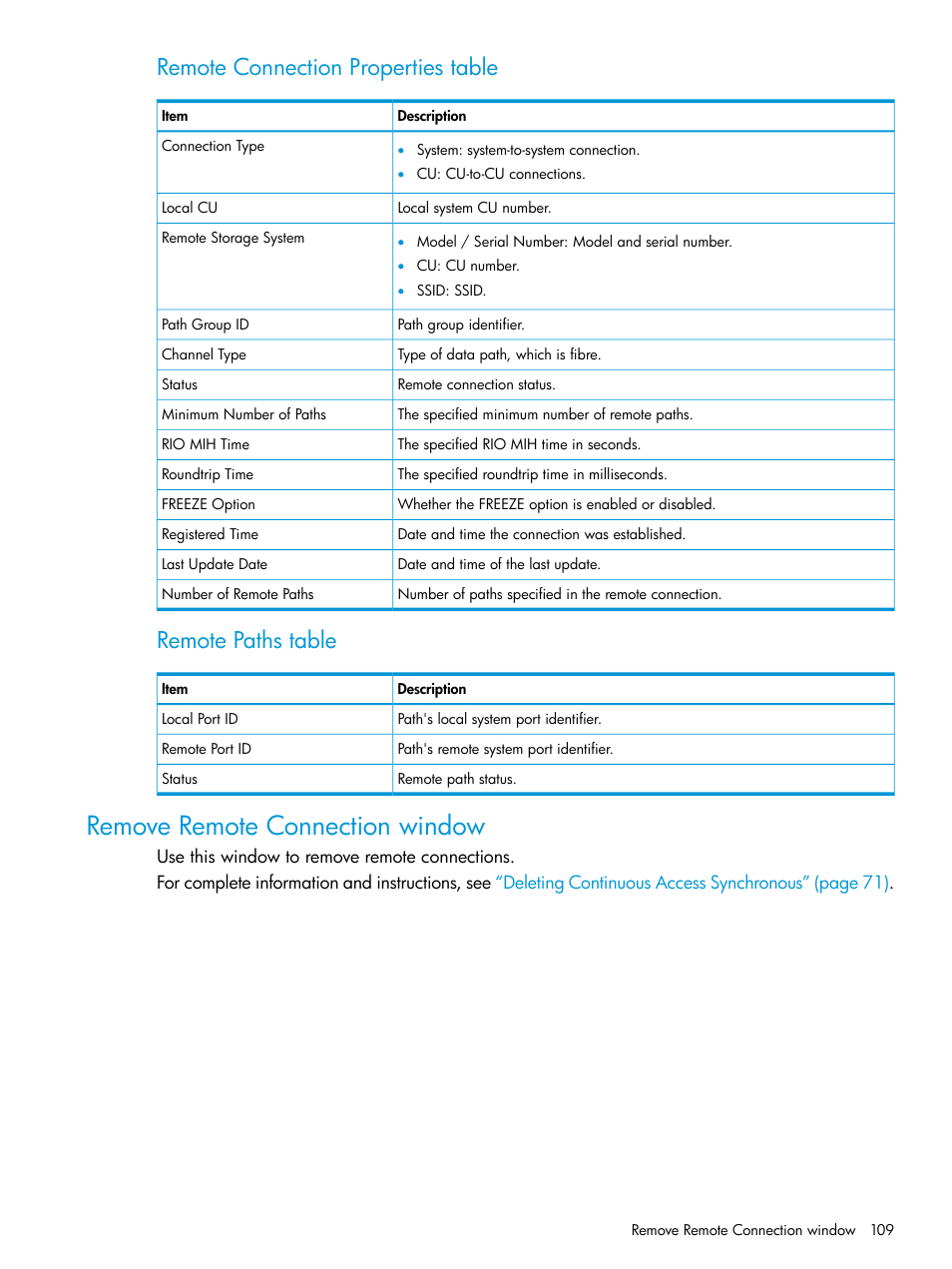 Remove remote connection window, Remote connection properties table, Remote paths table | HP XP Racks User Manual | Page 109 / 154