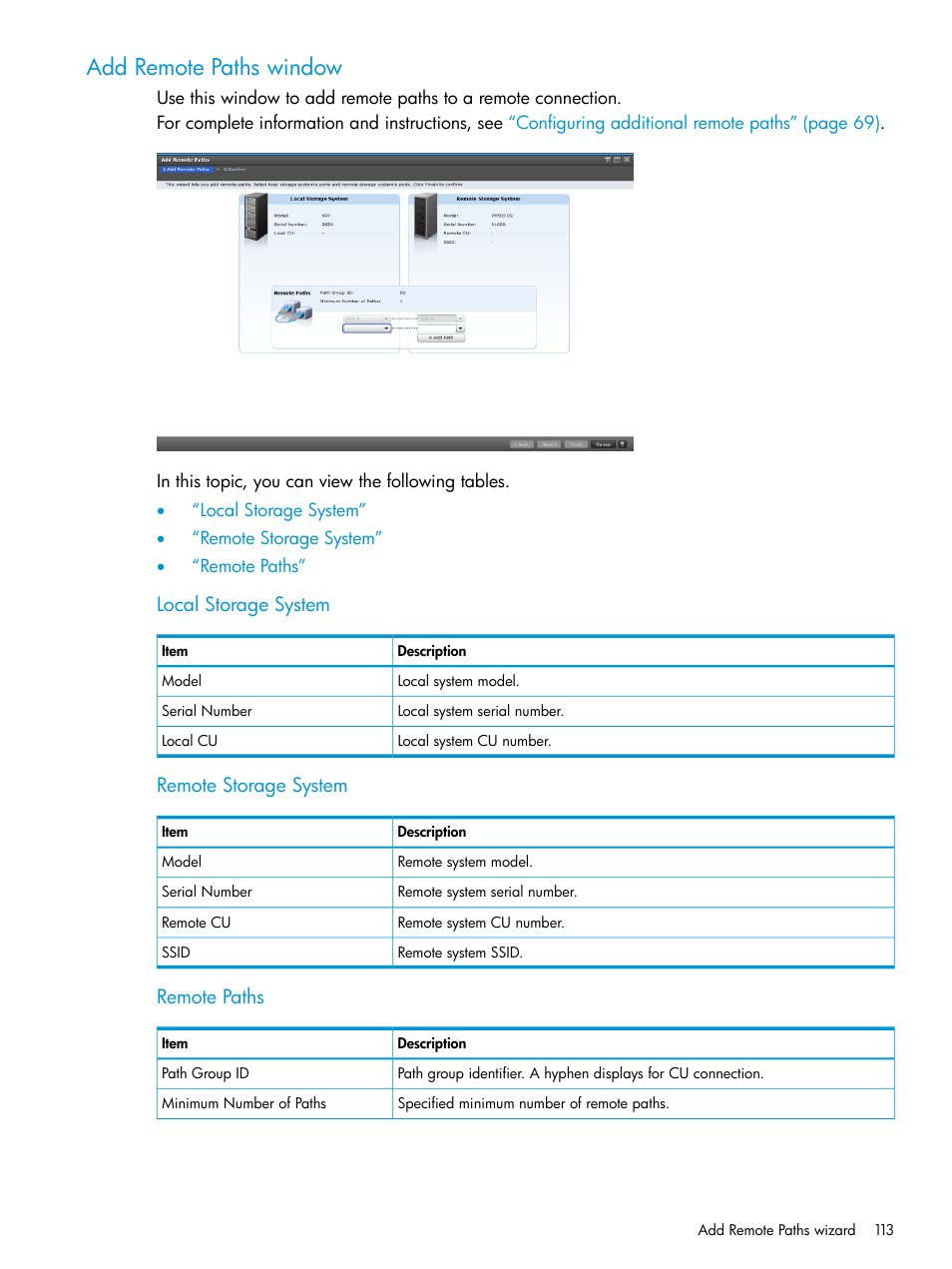 Add remote paths window, Local storage system, Remote storage system | Remote paths | HP XP Racks User Manual | Page 113 / 154