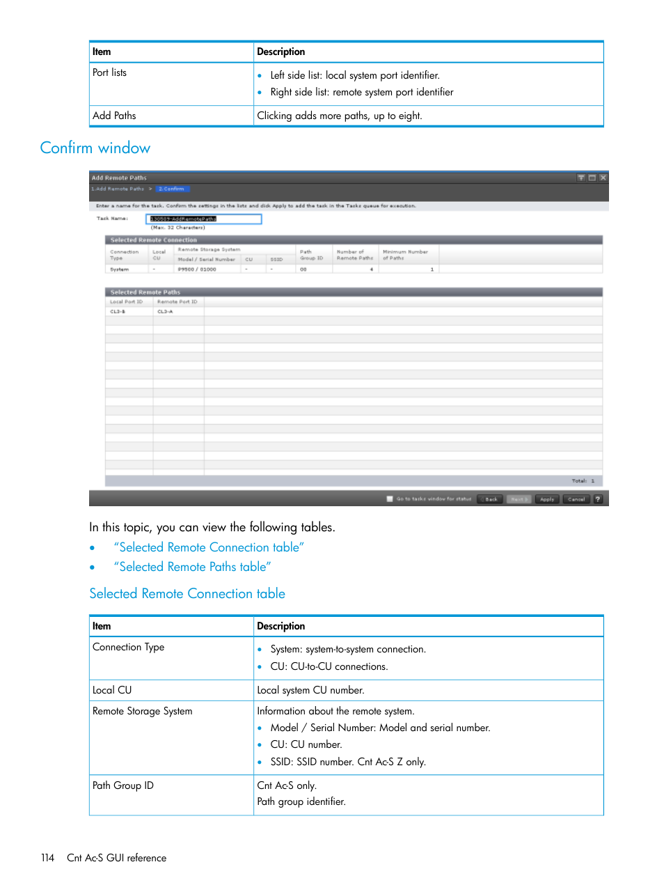 Confirm window, Selected remote connection table | HP XP Racks User Manual | Page 114 / 154