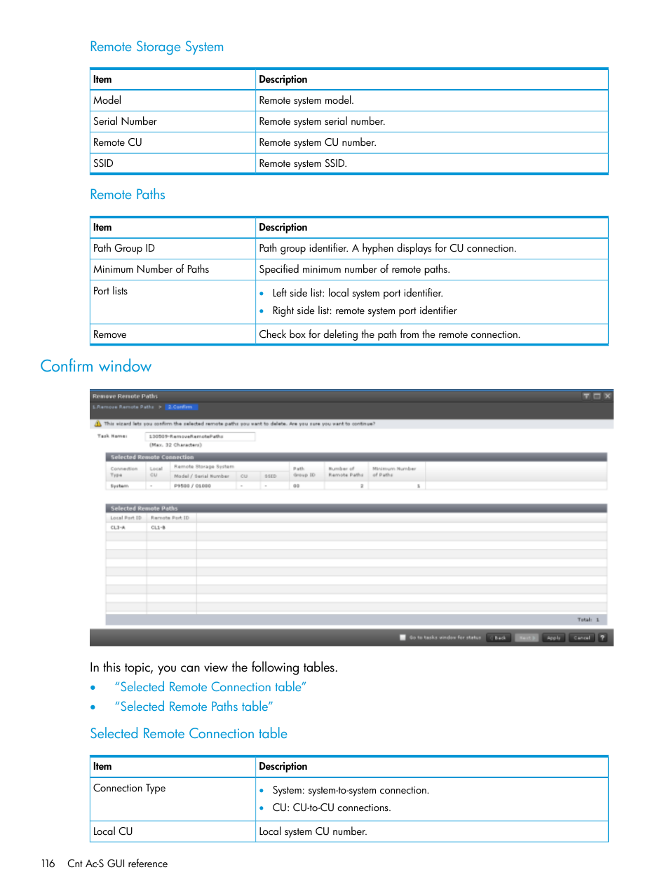Confirm window, Remote storage system, Remote paths | Selected remote connection table | HP XP Racks User Manual | Page 116 / 154