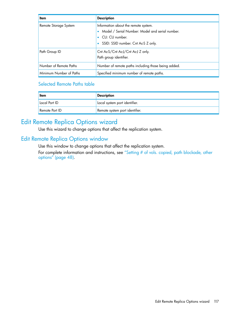Edit remote replica options wizard, Edit remote replica options window, Selected remote paths table | HP XP Racks User Manual | Page 117 / 154