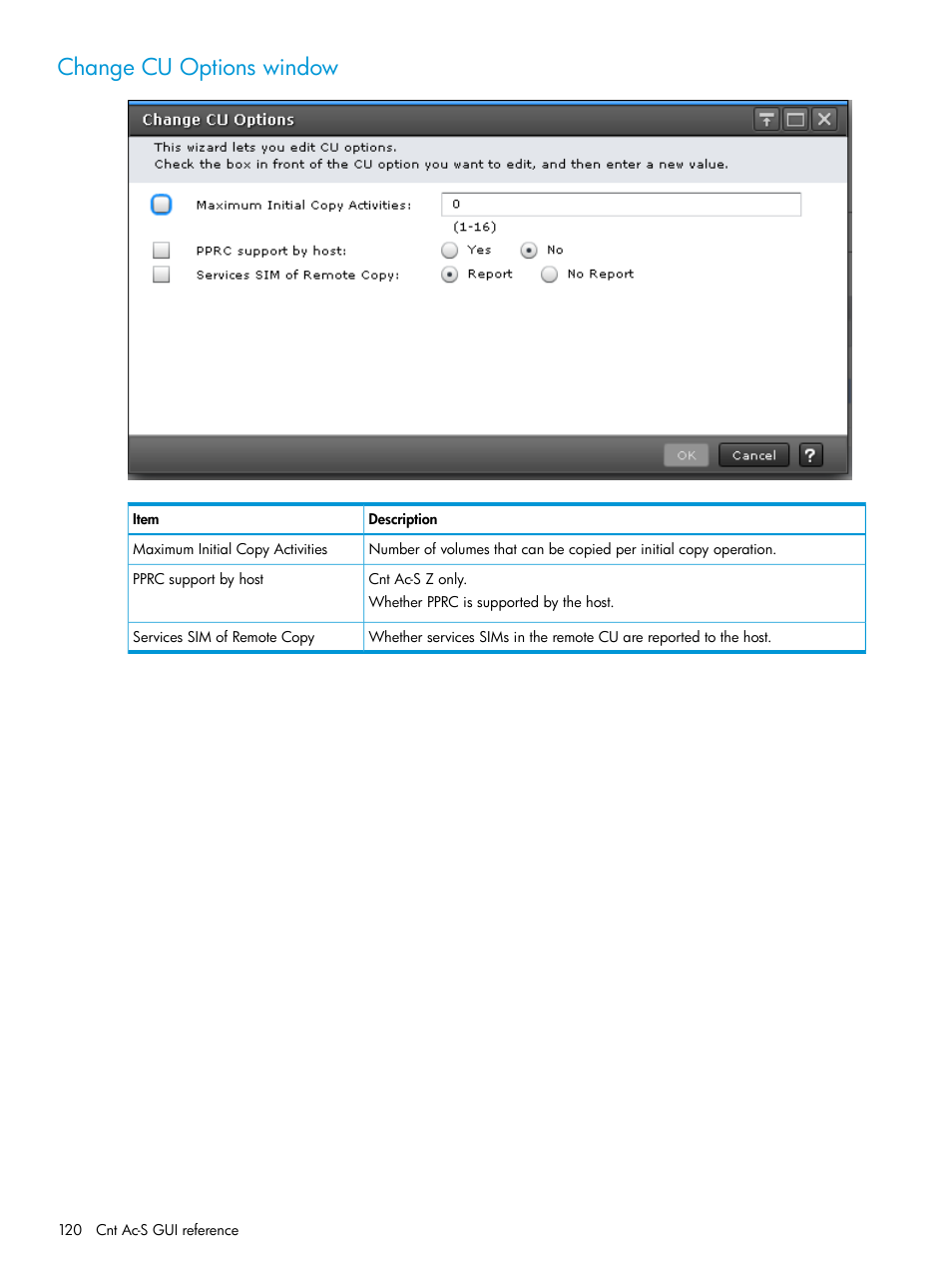Change cu options window | HP XP Racks User Manual | Page 120 / 154