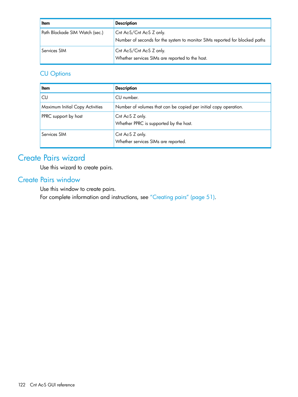 Create pairs wizard, Create pairs window, Cu options | HP XP Racks User Manual | Page 122 / 154