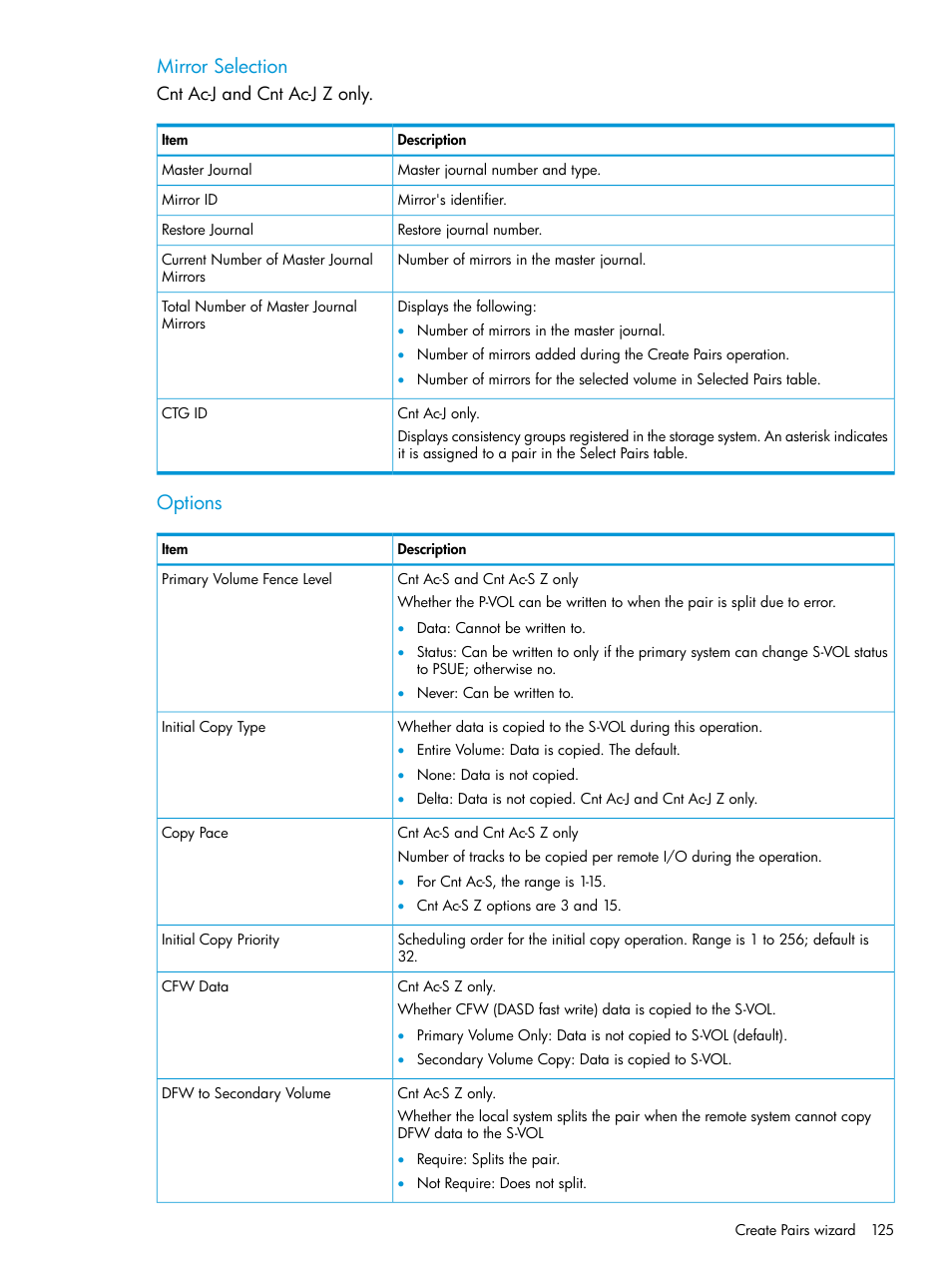 Mirror selection, Options | HP XP Racks User Manual | Page 125 / 154