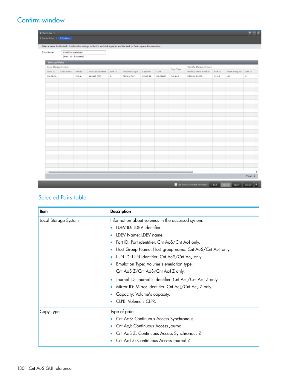 Confirm window, Selected pairs table | HP XP Racks User Manual | Page 130 / 154