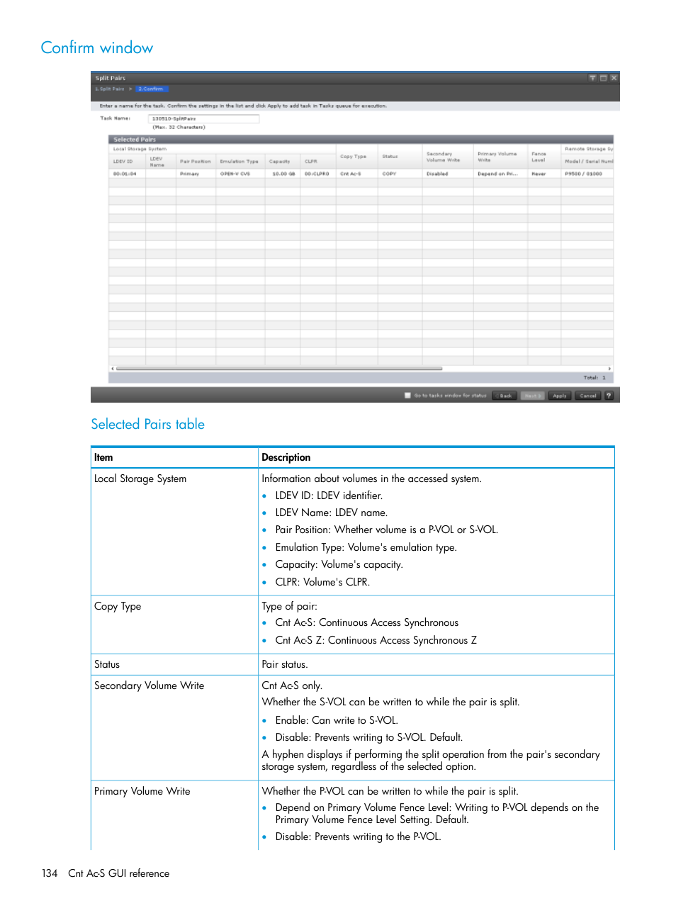 Confirm window, Selected pairs table | HP XP Racks User Manual | Page 134 / 154