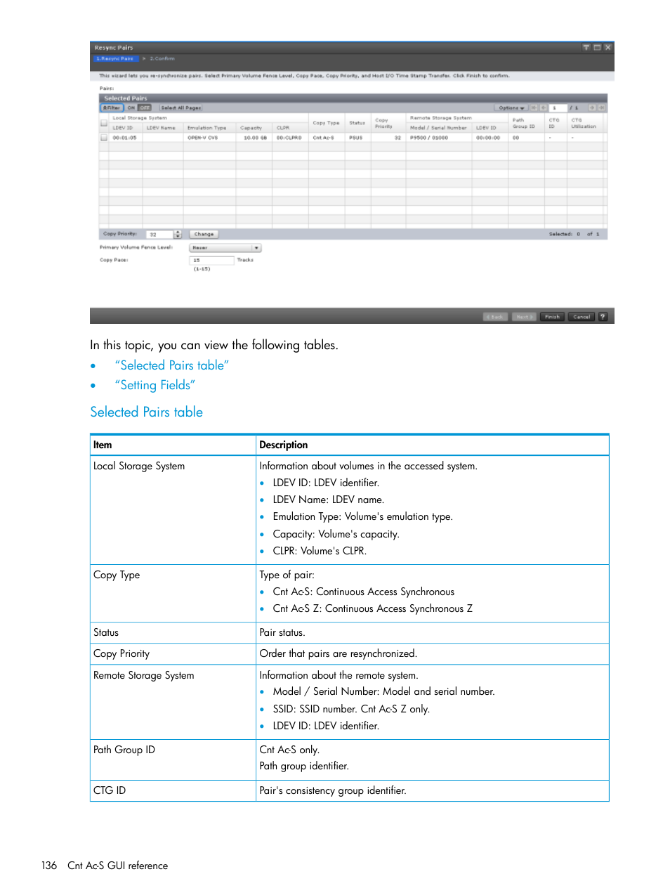 Selected pairs table | HP XP Racks User Manual | Page 136 / 154