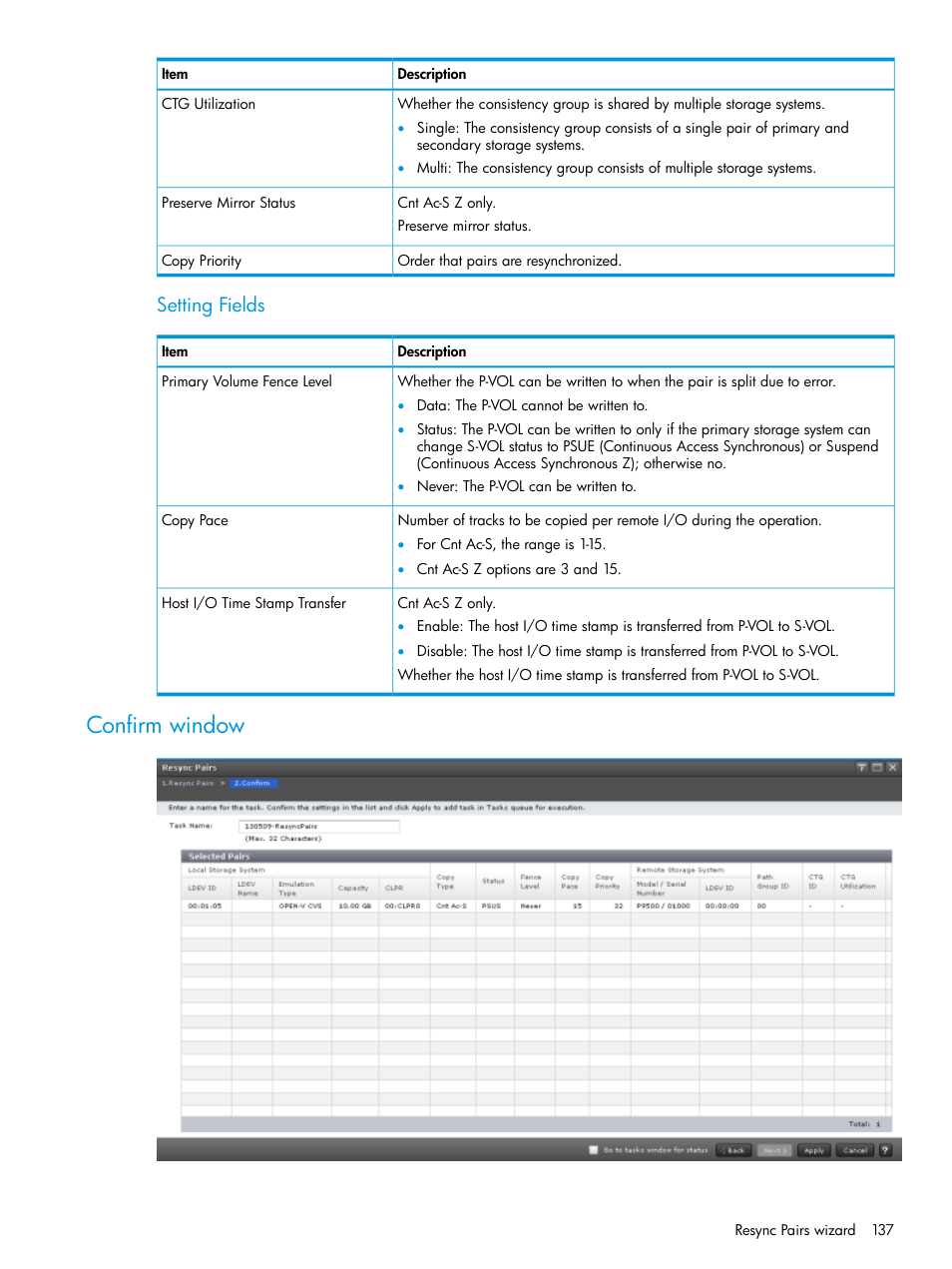 Confirm window, Setting fields | HP XP Racks User Manual | Page 137 / 154