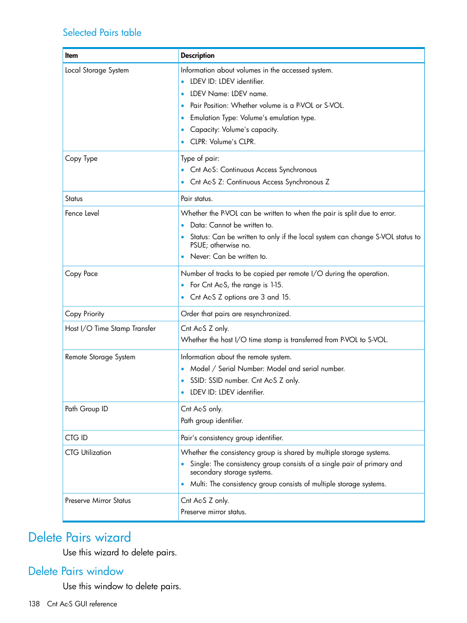 Delete pairs wizard, Delete pairs window, Selected pairs table | HP XP Racks User Manual | Page 138 / 154