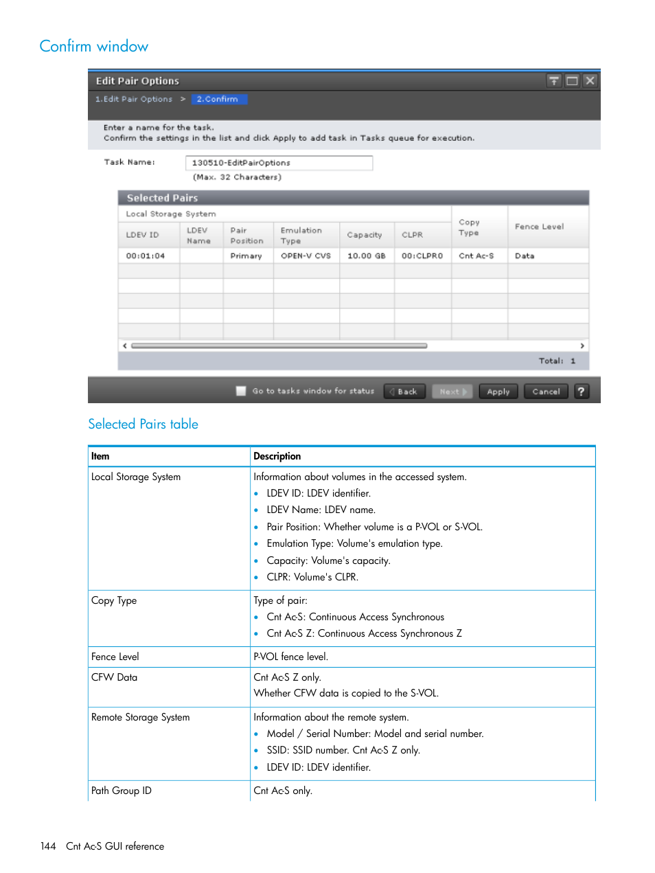 Confirm window, Selected pairs table | HP XP Racks User Manual | Page 144 / 154