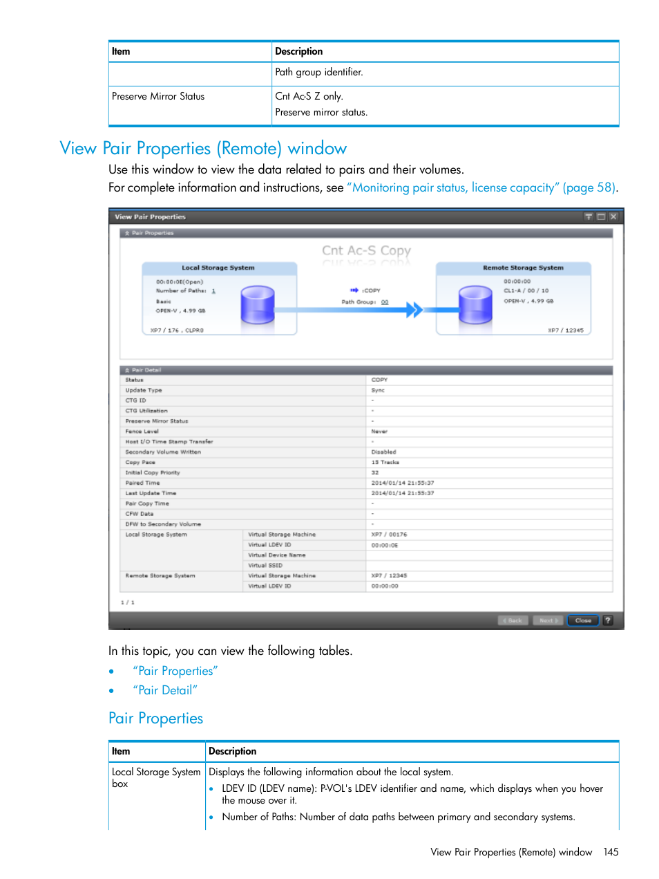 View pair properties (remote) window, Pair properties | HP XP Racks User Manual | Page 145 / 154