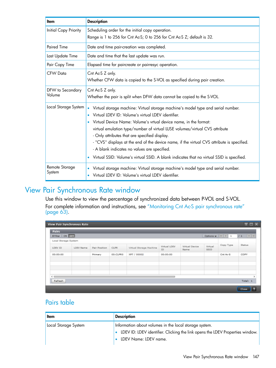 View pair synchronous rate window, Pairs table | HP XP Racks User Manual | Page 147 / 154