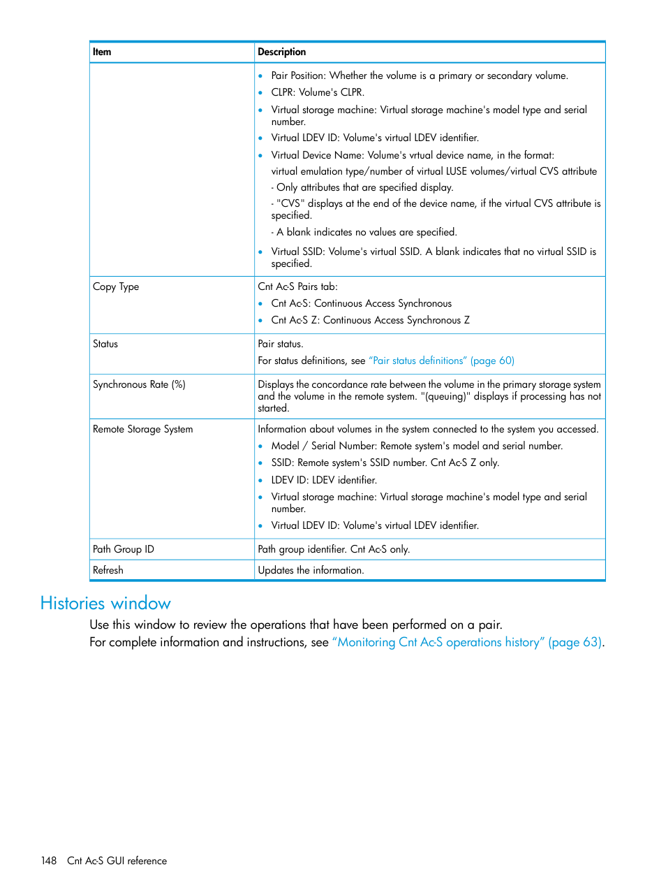 Histories window | HP XP Racks User Manual | Page 148 / 154