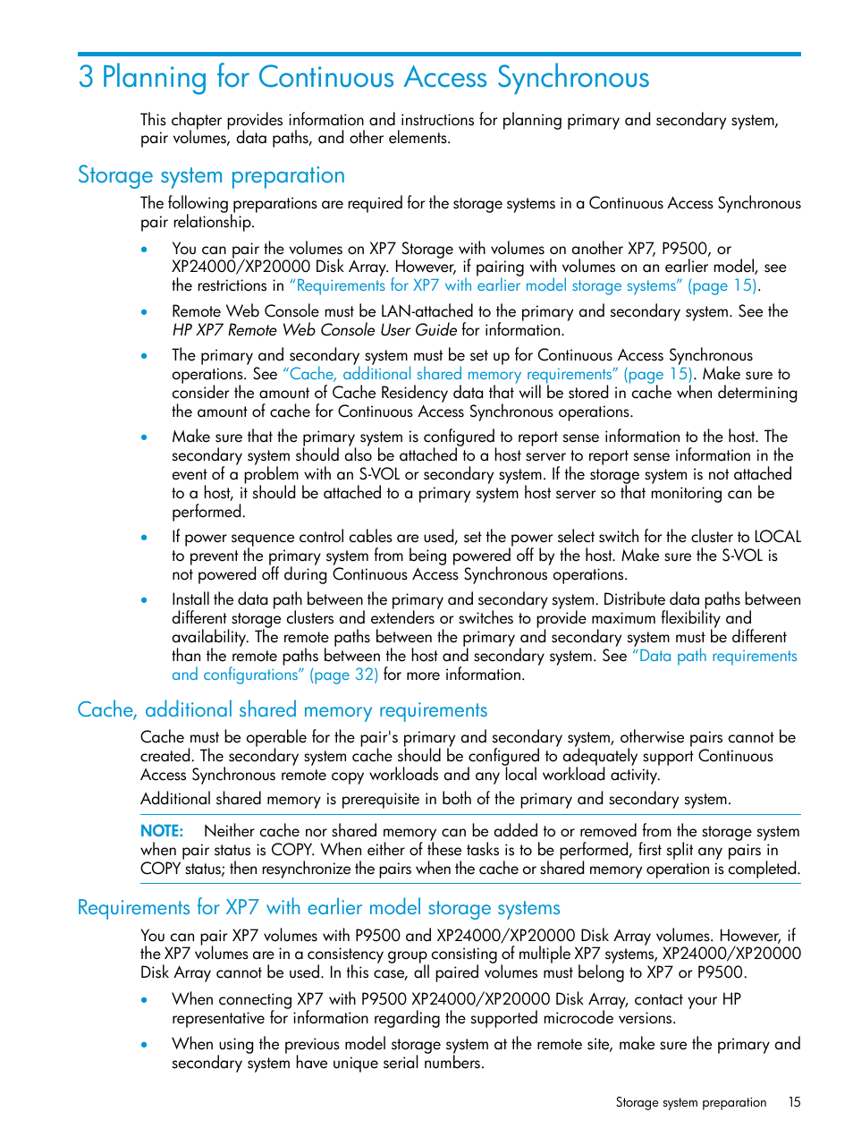3 planning for continuous access synchronous, Storage system preparation, Cache, additional shared memory requirements | Planning for | HP XP Racks User Manual | Page 15 / 154