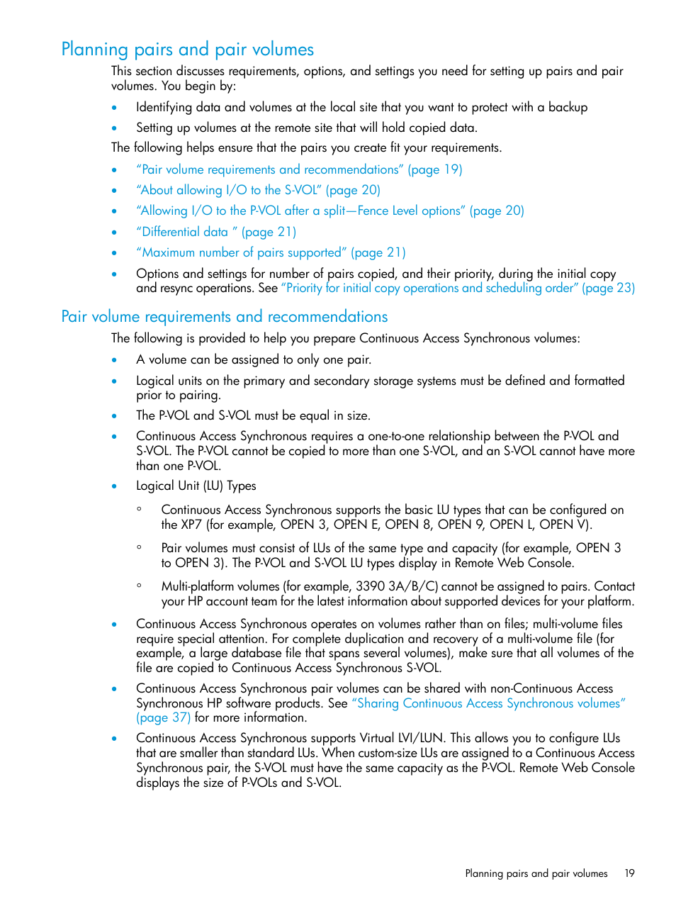 Planning pairs and pair volumes, Pair volume requirements and recommendations | HP XP Racks User Manual | Page 19 / 154