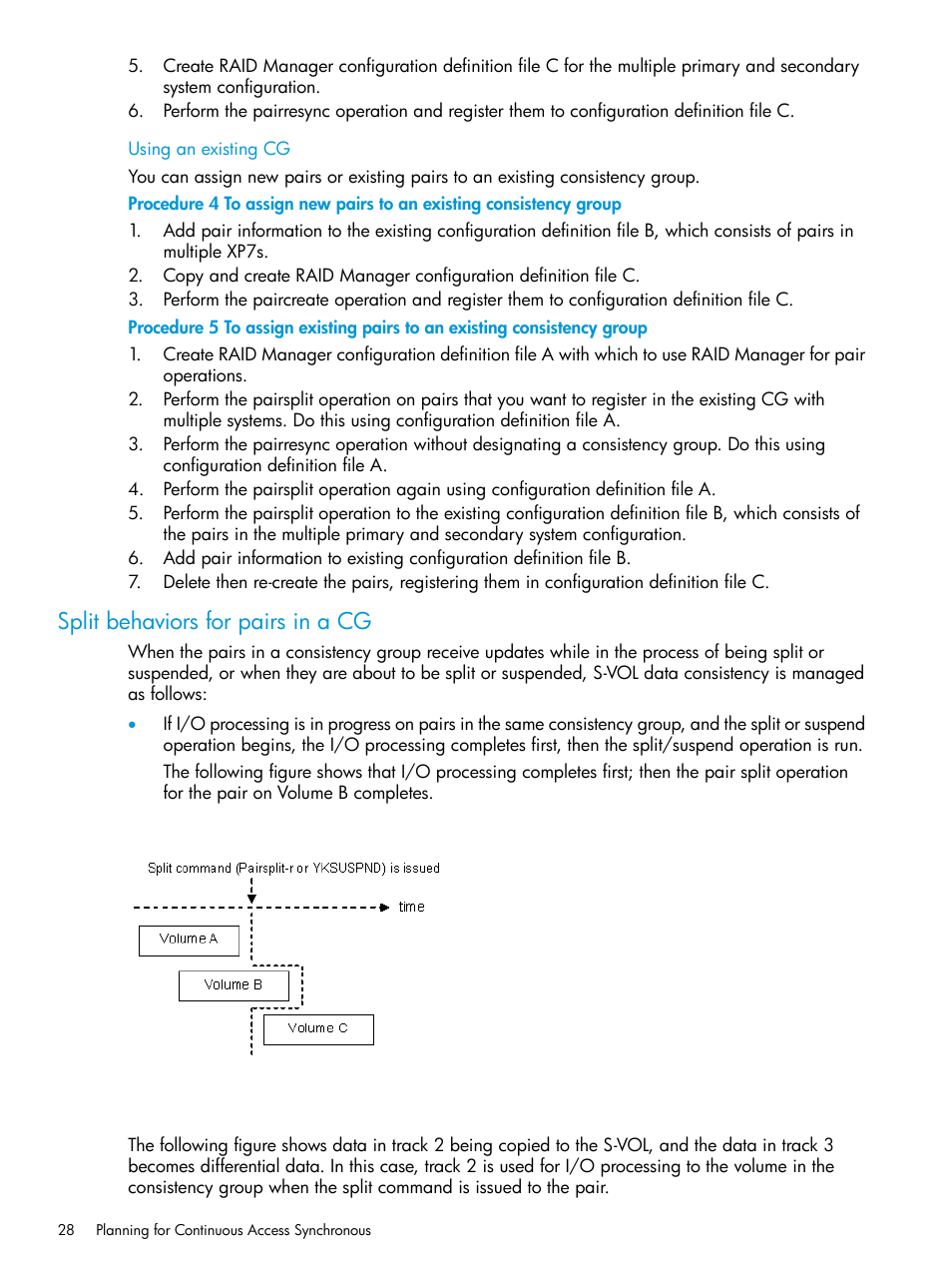 Split behaviors for pairs in a cg, Using an existing cg | HP XP Racks User Manual | Page 28 / 154
