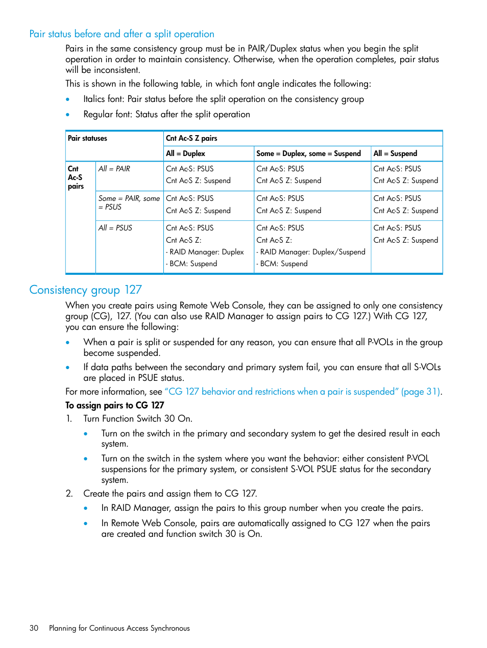 Pair status before and after a split operation, Consistency group 127 | HP XP Racks User Manual | Page 30 / 154