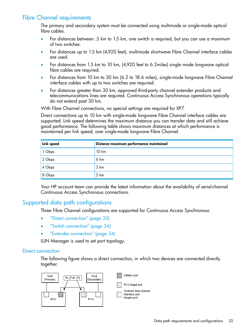 Fibre channel requirements, Supported data path configurations, Direct connection | HP XP Racks User Manual | Page 33 / 154